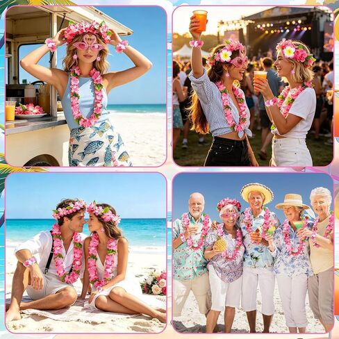 Pink Hawaiian Leis Set, 6PCS Hawaiian Accessories Flower Necklace Headband Bracelets Hair Clip Sunglasses Earrings for Luau Party Summer Beach Wedding Birthday Graduation Party Celebrations in Kuwait