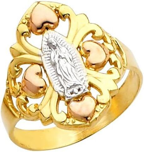 Filigree-Style 10k Tri-Color Gold Four Leaf Clover Hearts Our Lady of Guadalupe Ring in Saudi Arabia
