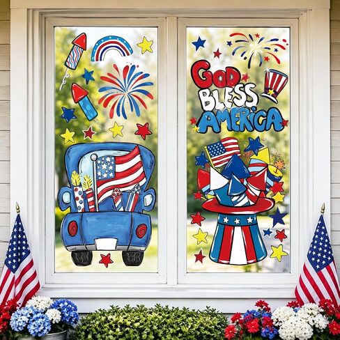Whaline Large Patriotic Window Clings 4th of July Truck Hat Fireworks Stars Glass Decal Stickers for 250th Anniversary Memorial Day Holiday Home Office Classroom Party Wall Decor in Kuwait