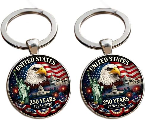 2Pcs USA 250th Anniversary Keychain, 250th Anniversary American Patriotic Metal Key Ring with Eagle, Flag & Landmarks Design, Commemorative Gift for Independence Day & Patriotic Events in Saudi Arabia