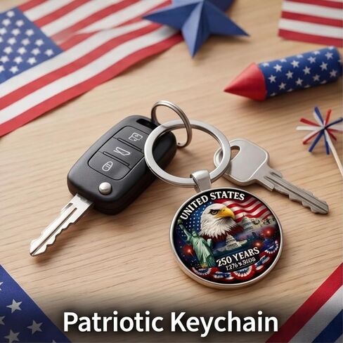 2Pcs USA 250th Anniversary Keychain, 250th Anniversary American Patriotic Metal Key Ring with Eagle, Flag & Landmarks Design, Commemorative Gift for Independence Day & Patriotic Events in Saudi Arabia