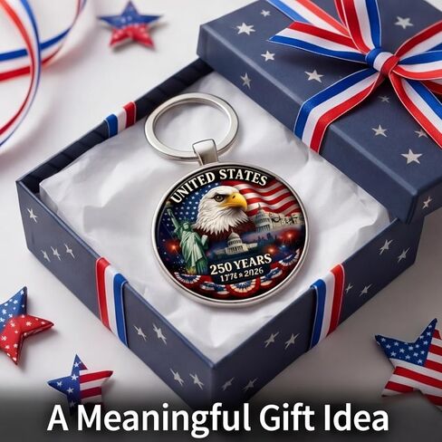 2Pcs USA 250th Anniversary Keychain, 250th Anniversary American Patriotic Metal Key Ring with Eagle, Flag & Landmarks Design, Commemorative Gift for Independence Day & Patriotic Events in Saudi Arabia