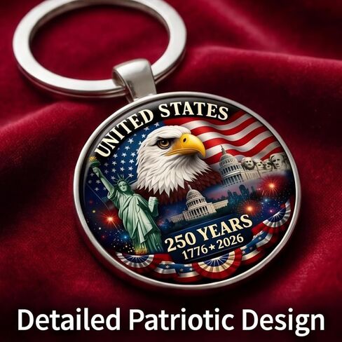 2Pcs USA 250th Anniversary Keychain, 250th Anniversary American Patriotic Metal Key Ring with Eagle, Flag & Landmarks Design, Commemorative Gift for Independence Day & Patriotic Events in Saudi Arabia