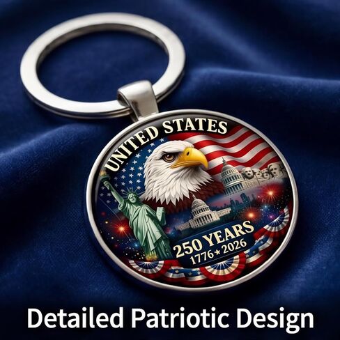 2Pcs USA 250th Anniversary Keychain, 250th Anniversary American Patriotic Metal Key Ring with Eagle, Flag & Landmarks Design, Commemorative Gift for Independence Day & Patriotic Events in Saudi Arabia
