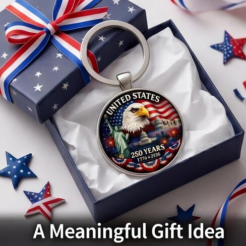 2Pcs USA 250th Anniversary Keychain, 250th Anniversary American Patriotic Metal Key Ring with Eagle, Flag & Landmarks Design, Commemorative Gift for Independence Day & Patriotic Events in Saudi Arabia