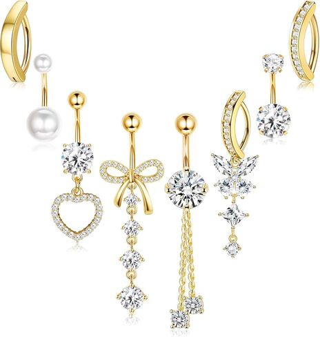 SMORI Silver/14K Gold Plated Belly Button Ring Dangle Belly Rings Surgical Stainless Steel 14G Belly Button Piercing for Women Cute Clicker CZ Heart Butterfly Navel Ring Belly Piercings Jewelry Pack in Kuwait