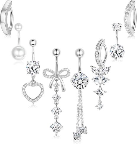 SMORI Silver/14K Gold Plated Belly Button Ring Dangle Belly Rings Surgical Stainless Steel 14G Belly Button Piercing for Women Cute Clicker CZ Heart Butterfly Navel Ring Belly Piercings Jewelry Pack in Kuwait