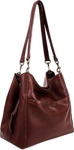 American Leather Co. Austin Triple-Entry Bucket Bag, Cordovan Brown, Hobo Shoulder Bag for Women with Center Zip, Slip Pockets & Removable Shoulder Strap, Functional & Fashionable Handbags for Women in Saudi Arabia