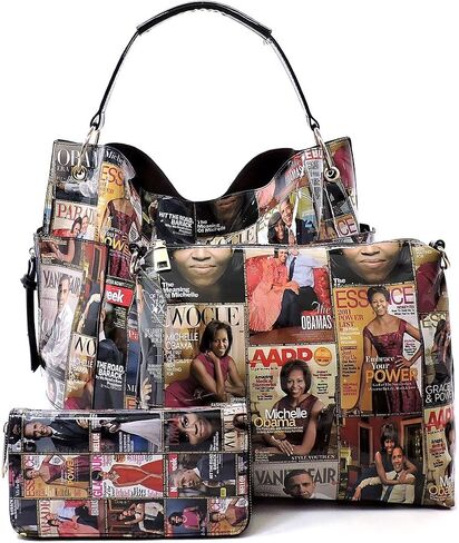 Magazine Cover Collage Michelle Obama Printed Square Hobo bag + Crossbody purse + Wallet 3pcs Set (Multi) in Saudi Arabia