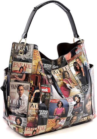 Magazine Cover Collage Michelle Obama Printed Square Hobo bag + Crossbody purse + Wallet 3pcs Set (Multi) in Saudi Arabia