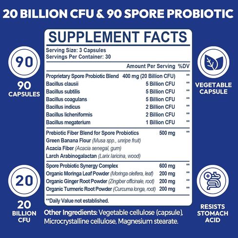 100% Spore Probiotic, 20 Billion CFU Spore Based Probiotics for Women & Men, No Refrigeration & Vegan, 90 Capsules in Saudi Arabia