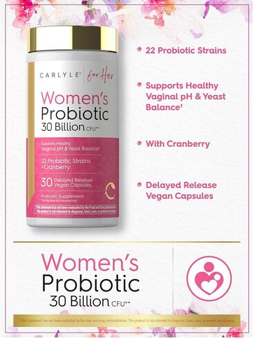 Carlyle Women's 30 Billion CFU Probiotic | Supported by 22 Strains Plus Cranberry | 30 Capsules | Supports Healthy Vaginal ph and Yeast Balance | Vegan, Non-GMO and Gluten Free | for Her in Kuwait