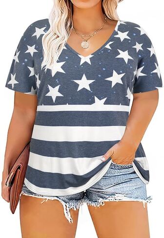 RITERA Womens Plus Size Tops 4Th of July T-Shirt Short Sleeve Independence Day Tees XL-5XL in Kuwait
