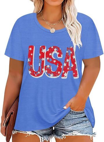 RITERA Womens Plus Size Tops 4Th of July T-Shirt Short Sleeve Independence Day Tees XL-5XL in Kuwait