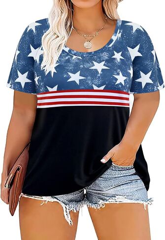 RITERA Womens Plus Size Tops 4Th of July T-Shirt Short Sleeve Independence Day Tees XL-5XL in Kuwait