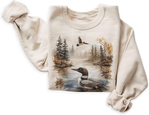 Vintage Loon Bird Misty Lake Scene Sweatshirt - 90s Retro Birding Gift - Scenic Nature Pullover - Cozy Fall Bird Watching Sweater - Unisex Graphic Crewneck Beige in Kuwait