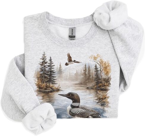 Vintage Loon Bird Misty Lake Scene Sweatshirt - 90s Retro Birding Gift - Scenic Nature Pullover - Cozy Fall Bird Watching Sweater - Unisex Graphic Crewneck Beige in Kuwait