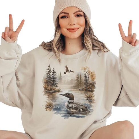 Vintage Loon Bird Misty Lake Scene Sweatshirt - 90s Retro Birding Gift - Scenic Nature Pullover - Cozy Fall Bird Watching Sweater - Unisex Graphic Crewneck Beige in Kuwait