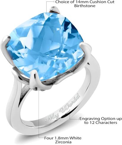 Gem Stone King 9.18 Cttw Customized and Personalized 14MM Cushion Cut Gemstone Birthstone Name Engraved Ring For Women | 925 Sterling Silver | Wedding Engagement Anniversary Promise Ring in Kuwait