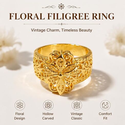 Floral Filigree Ring For Women, Chunky Vintage Classic Engraved Hollow Carved Band Flower Statement Rings Promise Wedding Gift Jewelry in Saudi Arabia
