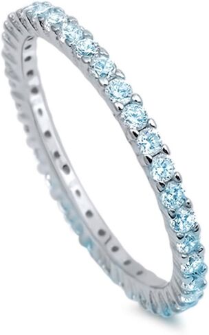 Blue Apple Co. 2mm Full Eternity Stackable Wedding Ring Round Simulated Aquamarine Round Cubic Zirconia 925 Sterling Silver, Size - 7 in Kuwait