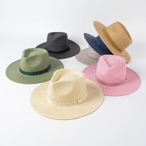 Vintage Straw Fedora Hat for Women Ladies Summer UPF Wide Brim Panama Sombrero Beach Travel in Saudi Arabia