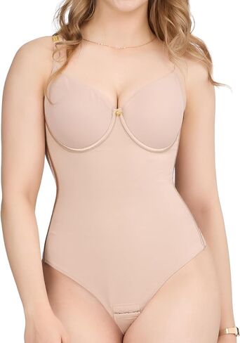 SHAPSHE Shapewear with Built in Bra Back Lace-Up Corset Bodysuit Backless Compression Garment Thong Tummy Control V Neck in Kuwait