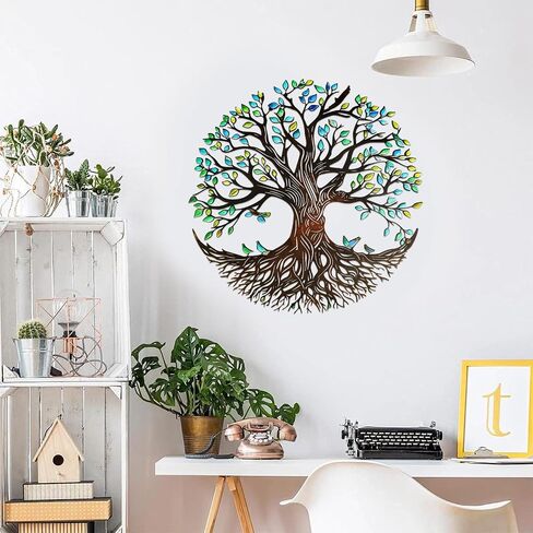 YIYA Metal Tree of Life Wall Decor, 12.8" Colorful Tree of Life Wall Art with Birds, Rustic Iron Wall Sculpture for Living Room, Bedroom, Bathroom, Boho Home Decor, Housewarming Gift（Green） in Kuwait