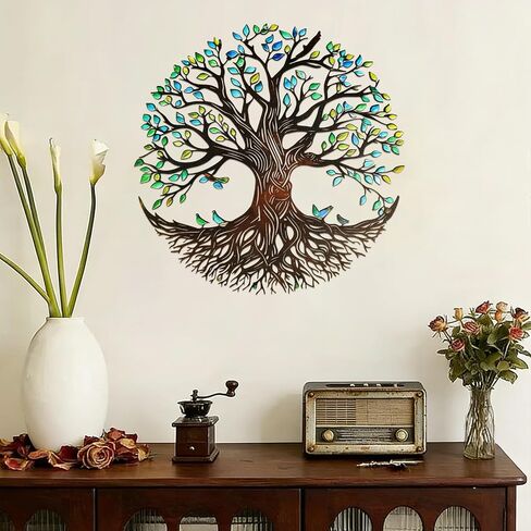 YIYA Metal Tree of Life Wall Decor, 12.8" Colorful Tree of Life Wall Art with Birds, Rustic Iron Wall Sculpture for Living Room, Bedroom, Bathroom, Boho Home Decor, Housewarming Gift（Green） in Kuwait