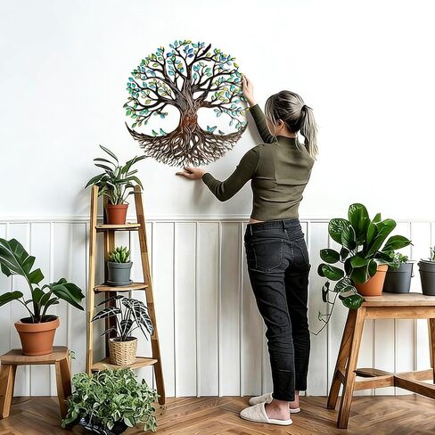 YIYA Metal Tree of Life Wall Decor, 12.8" Colorful Tree of Life Wall Art with Birds, Rustic Iron Wall Sculpture for Living Room, Bedroom, Bathroom, Boho Home Decor, Housewarming Gift（Green） in Kuwait