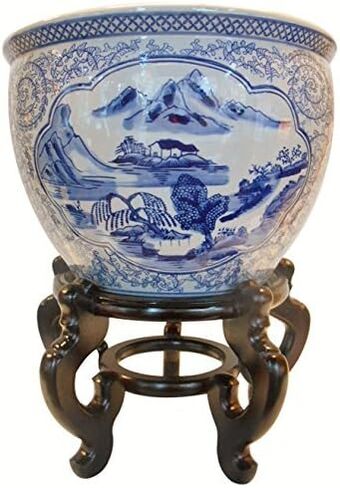 Oriental Furnishings Blue and White Porcelain Garden Pots Painted Landscape (10" W x 8" H | Inside Rim 8" | Base 6.5") in Saudi Arabia