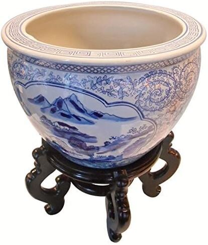 Oriental Furnishings Blue and White Porcelain Garden Pots Painted Landscape (10" W x 8" H | Inside Rim 8" | Base 6.5") in Saudi Arabia