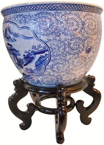 Oriental Furnishings Blue and White Porcelain Garden Pots Painted Landscape (10" W x 8" H | Inside Rim 8" | Base 6.5") in Saudi Arabia