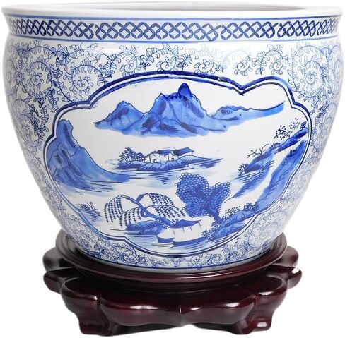 Oriental Furnishings Blue and White Porcelain Garden Pots Painted Landscape (10" W x 8" H | Inside Rim 8" | Base 6.5") in Saudi Arabia
