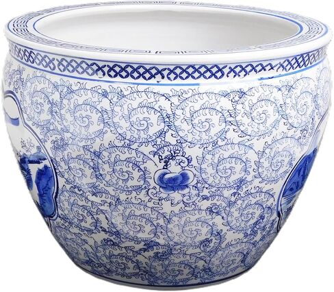 Oriental Furnishings Blue and White Porcelain Garden Pots Painted Landscape (10" W x 8" H | Inside Rim 8" | Base 6.5") in Saudi Arabia