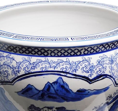 Oriental Furnishings Blue and White Porcelain Garden Pots Painted Landscape (10" W x 8" H | Inside Rim 8" | Base 6.5") in Saudi Arabia