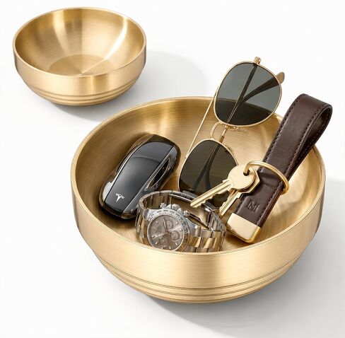 Key Bowl for Entryway Table, Set of 2 Stainless Steel Decorative Bowls 7.4 Inch, Catch All Bowl & Key Holder Tray for Keys Wallet Jewelry, Modern Tabletop Decor for Living Room Office in Saudi Arabia