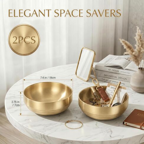 Key Bowl for Entryway Table, Set of 2 Stainless Steel Decorative Bowls 7.4 Inch, Catch All Bowl & Key Holder Tray for Keys Wallet Jewelry, Modern Tabletop Decor for Living Room Office in Saudi Arabia