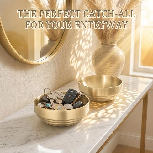 Key Bowl for Entryway Table, Set of 2 Stainless Steel Decorative Bowls 7.4 Inch, Catch All Bowl & Key Holder Tray for Keys Wallet Jewelry, Modern Tabletop Decor for Living Room Office in Saudi Arabia