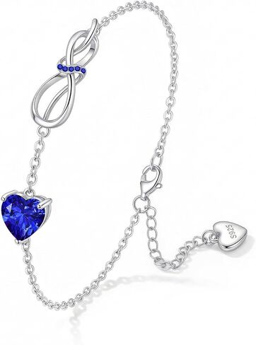 Solid 925 Sterling Silver Birthstone Bracelet for Women, 8"+2" Adjustable Dainty Link, 18K White Gold Plated Non-tarnish, Infinity Love & 5A Zirconia Heart, Unique Birthday Gifts for Wife Mom Daughter in Saudi Arabia