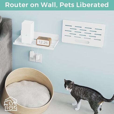 Router Shelf Wall Mount Foldable - 14" Width for Router and Modem | Fold Up Metal Shelf w/Cable Hole & Heat Vents | Space-Saving Holder for WiFi Devices/TV Box (14" W×8" D, White) in Saudi Arabia