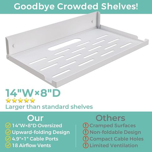 Router Shelf Wall Mount Foldable - 14" Width for Router and Modem | Fold Up Metal Shelf w/Cable Hole & Heat Vents | Space-Saving Holder for WiFi Devices/TV Box (14" W×8" D, White) in Saudi Arabia