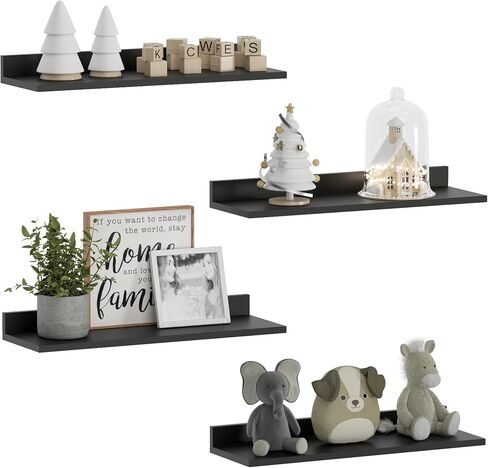 WOPITUES Floating Shelves, Wall Mounted Shelves for Room Decor, Modern Display Shelf for Bedroom, Sturdy Bathroom Storage Shelves, Book Shelves for Living Room, Black Small Corner Shelves, Set of 4 in Saudi Arabia
