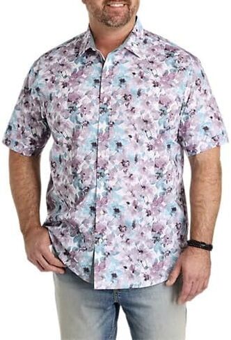 DXL Men's Big and Tall Watercolor Floral Sport Shirt, White Blue Purple in Saudi Arabia