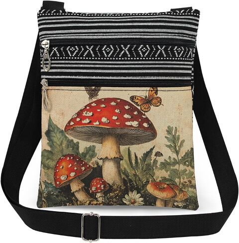Vintage Red Mushroom and Butterfly Forest Print Small Crossbody Bag Adjustable Strap Messenger Bag Lightweight Purse for Adult Nature Themed Casual Bag Unique Birthday Present for Adult in Saudi Arabia