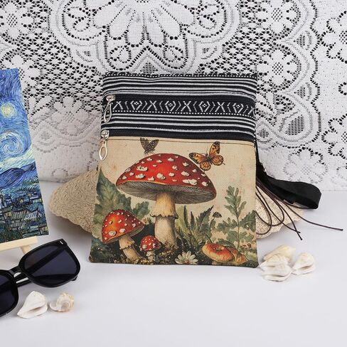 Vintage Red Mushroom and Butterfly Forest Print Small Crossbody Bag Adjustable Strap Messenger Bag Lightweight Purse for Adult Nature Themed Casual Bag Unique Birthday Present for Adult in Saudi Arabia