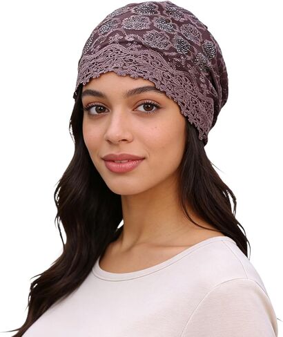 Lightweight Lace Beanie for Women Rhinestone Hat | Floral Lace Headwrap for Chemo Hair Loss All-Season Fashion Comfortable Stretch Fit Breathable Durable&Fade-Resistant in Saudi Arabia