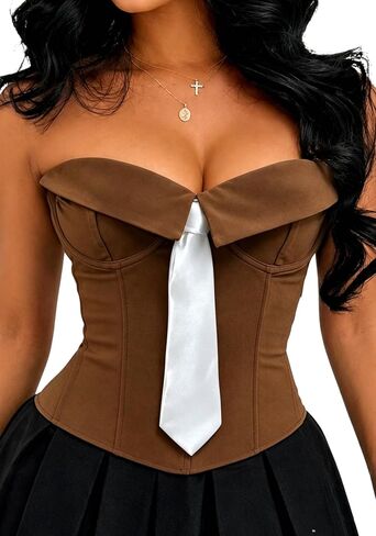 Vaceky Overbust Corset Top Women Bow Tie Strapless Lapel Boned Bustiers in Kuwait