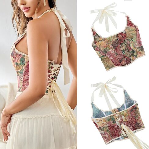 Mealah Women Vintage Floral Corset Top Halter Bustier Tank Renaissance Tapestry Crop Top Going Out Tops in Kuwait
