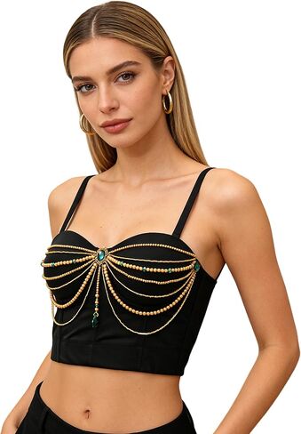 ROYAL SMEELA Black Sequin Bustier Crop Top with Chain Gemstone Detail Adjustable Straps for Evening Parties Special Events in Kuwait